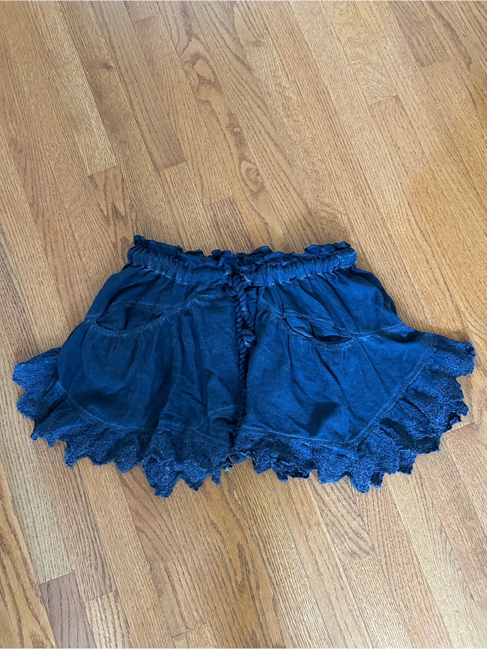 Free People Navy Lace-Trim Ruffle Shorts